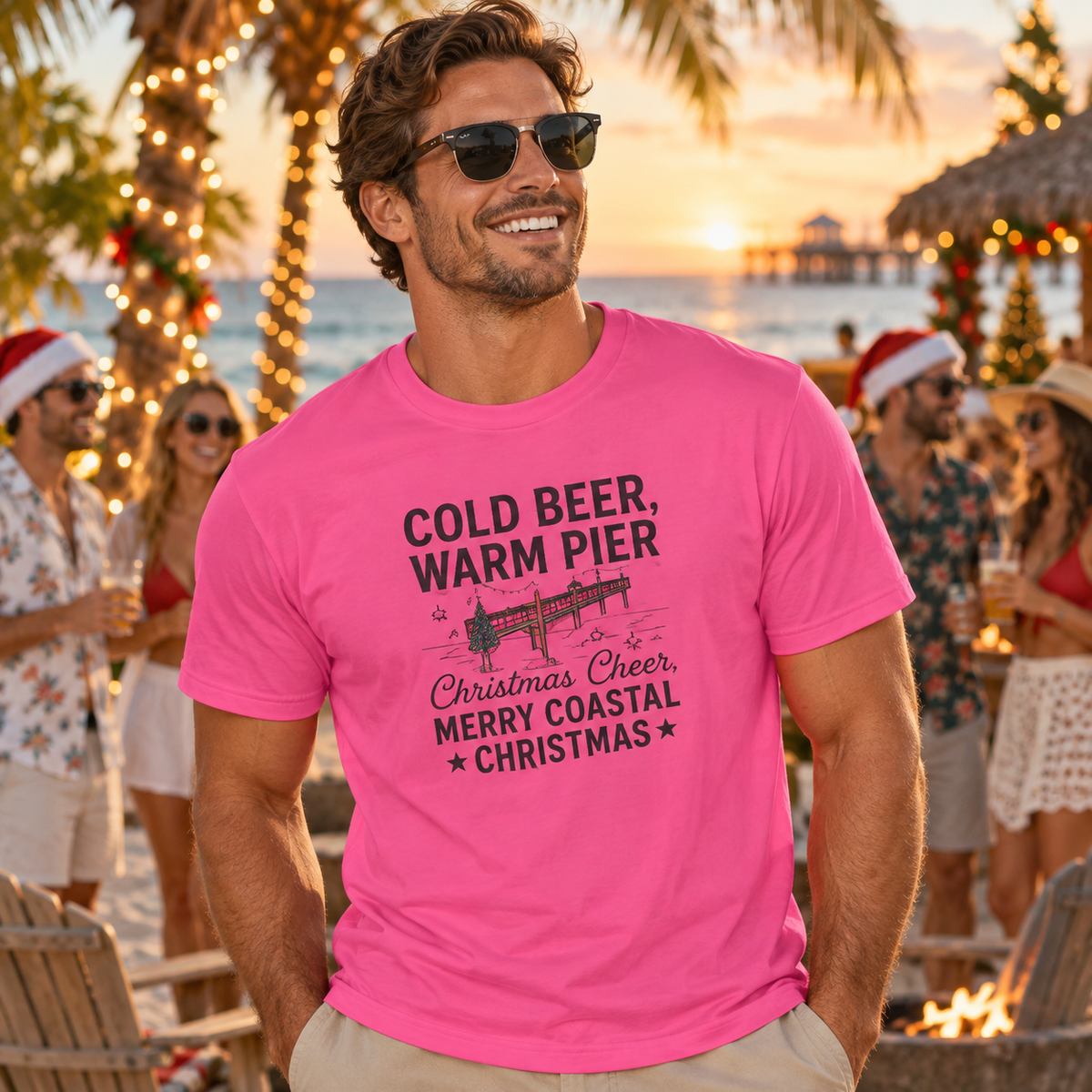 Christmas Coastal T‑Shirt — "Cold Beer, Warm Pier" Holiday Beach Tee