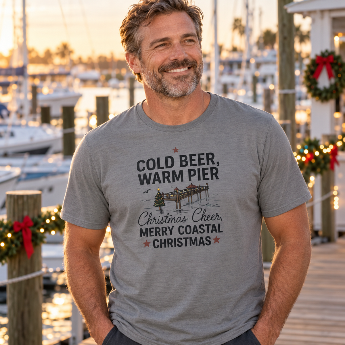Christmas Coastal T‑Shirt — "Cold Beer, Warm Pier" Holiday Beach Tee