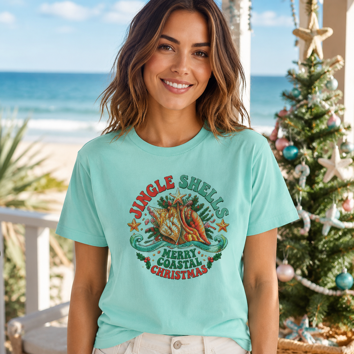 Jingle Shells Merry Coastal Christmas T-Shirt | Beach Seashell Holiday Tee