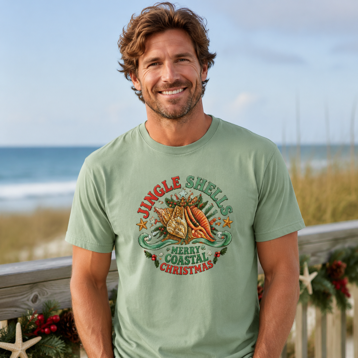 Jingle Shells Merry Coastal Christmas T-Shirt | Beach Seashell Holiday Tee