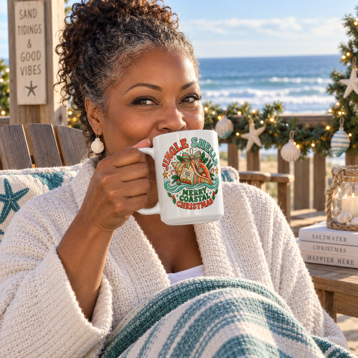 Jingle Shells Merry Coastal Christmas Coffee Mug | Beachy Holiday Ceramic Cup