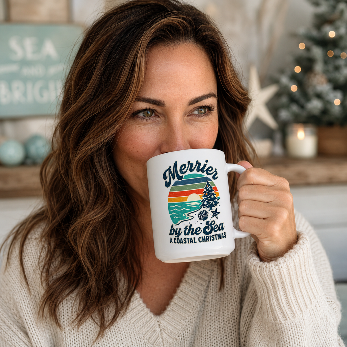 Merrier by the Sea Coastal Christmas Coffee Mug | Vintage Beach Holiday Cup
