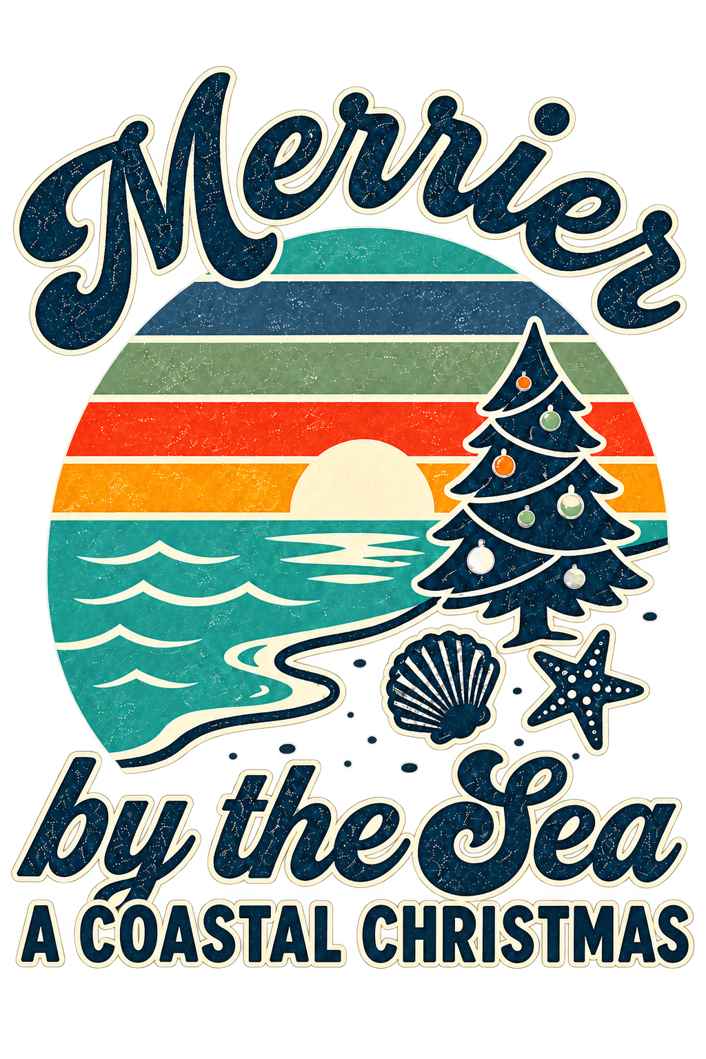 Merrier by the Sea Coastal Christmas T-Shirt | Tropical Sunset Beach Holiday Tee