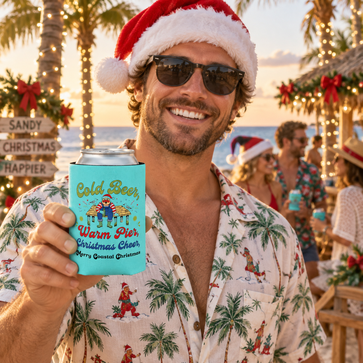 Cold Beer Warm Pier Coastal Christmas Can Cooler | Funny Beach Beer Hugger