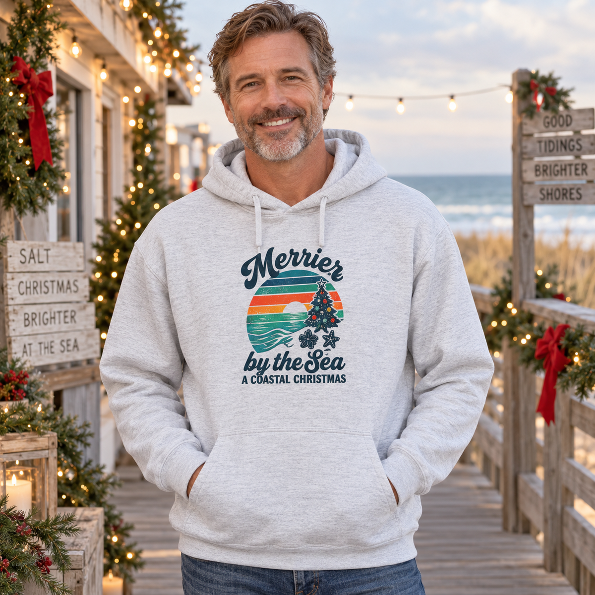 Merrier by the Sea Coastal Christmas Hoodie | Vintage Beach Holiday Sweatshirt