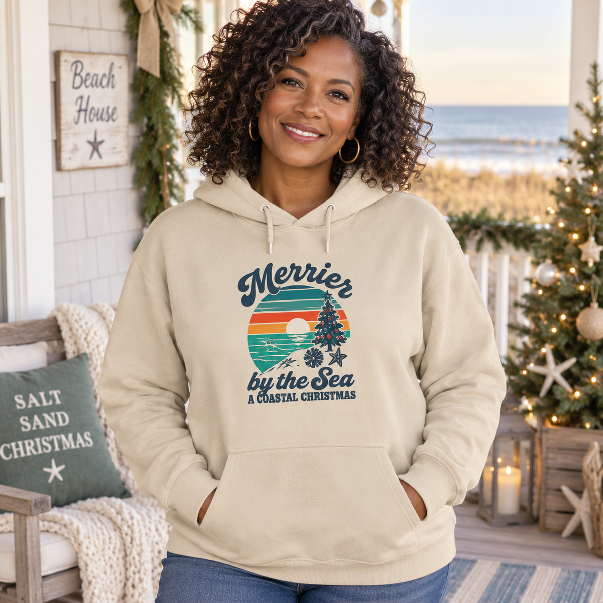 Merrier by the Sea Coastal Christmas Hoodie | Vintage Beach Holiday Sweatshirt