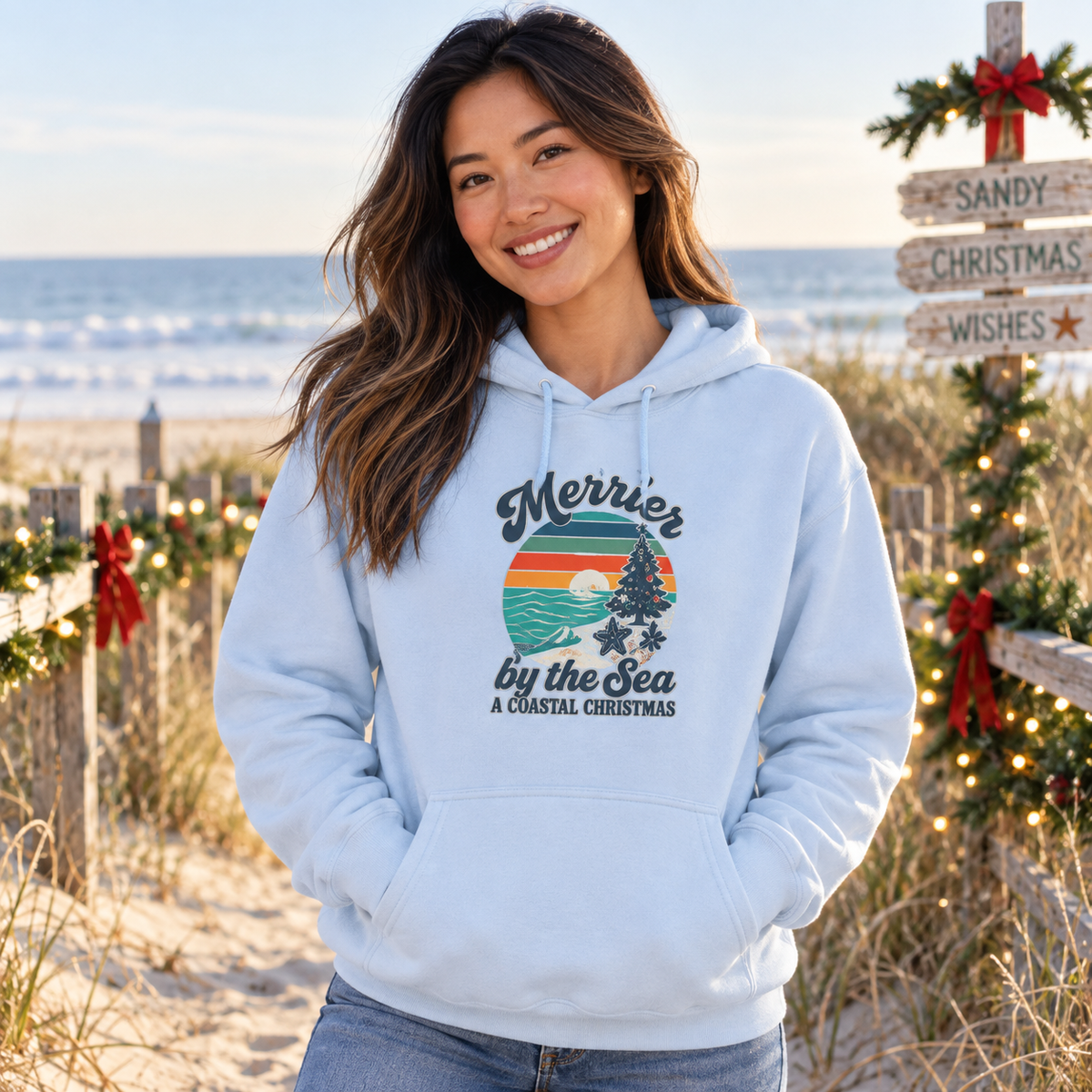 Merrier by the Sea Coastal Christmas Hoodie | Vintage Beach Holiday Sweatshirt