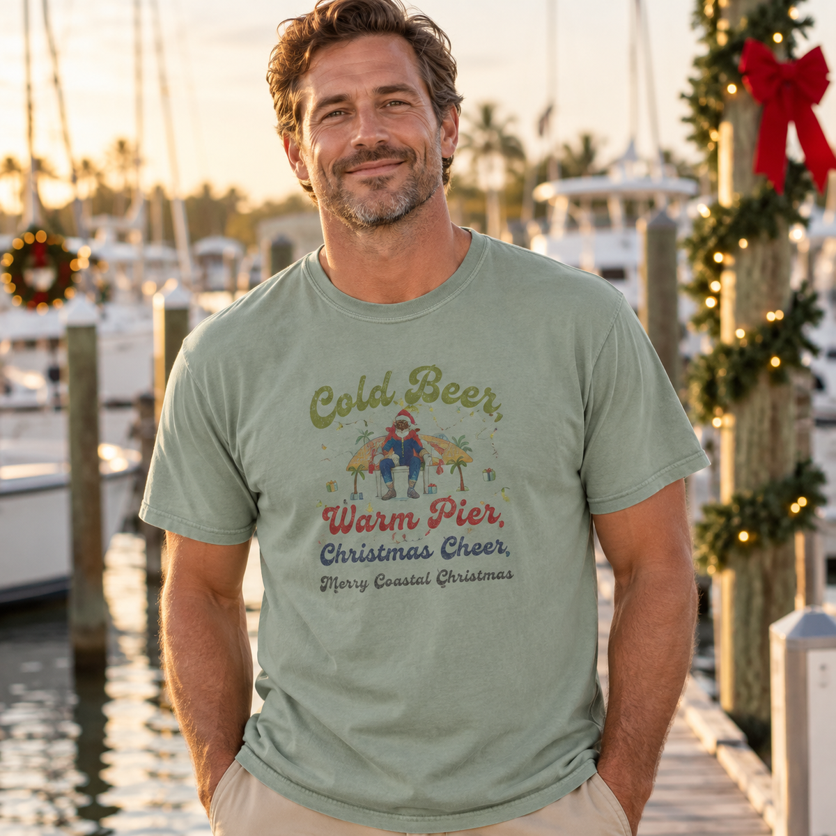Cold Beer Warm Pier Merry Coastal Christmas T-Shirt | Santa Beach Graphic Tee