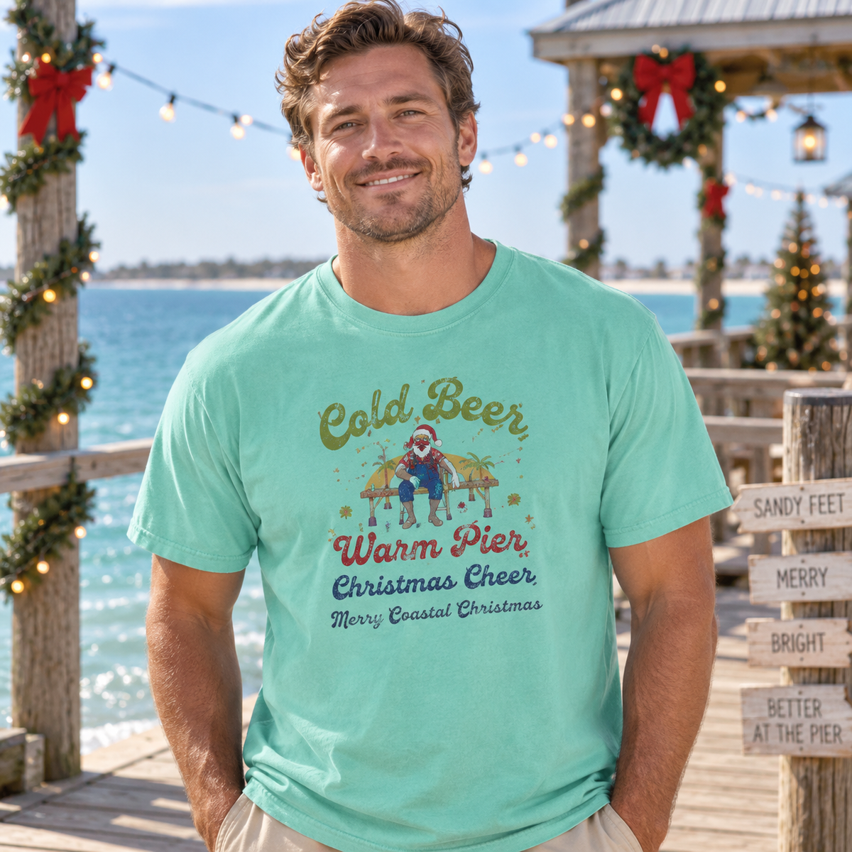 Cold Beer Warm Pier Merry Coastal Christmas T-Shirt | Santa Beach Graphic Tee
