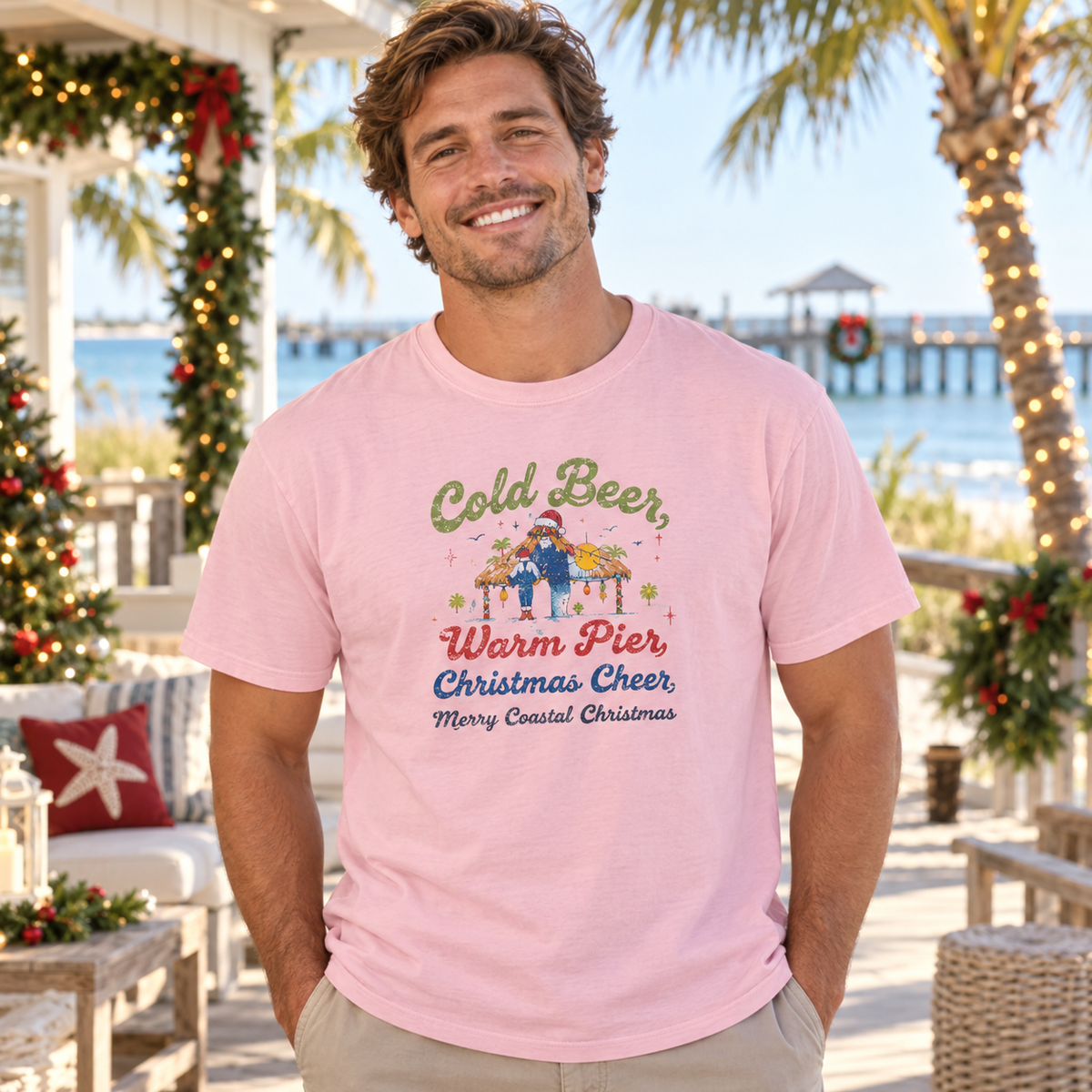 Cold Beer Warm Pier Merry Coastal Christmas T-Shirt | Santa Beach Graphic Tee