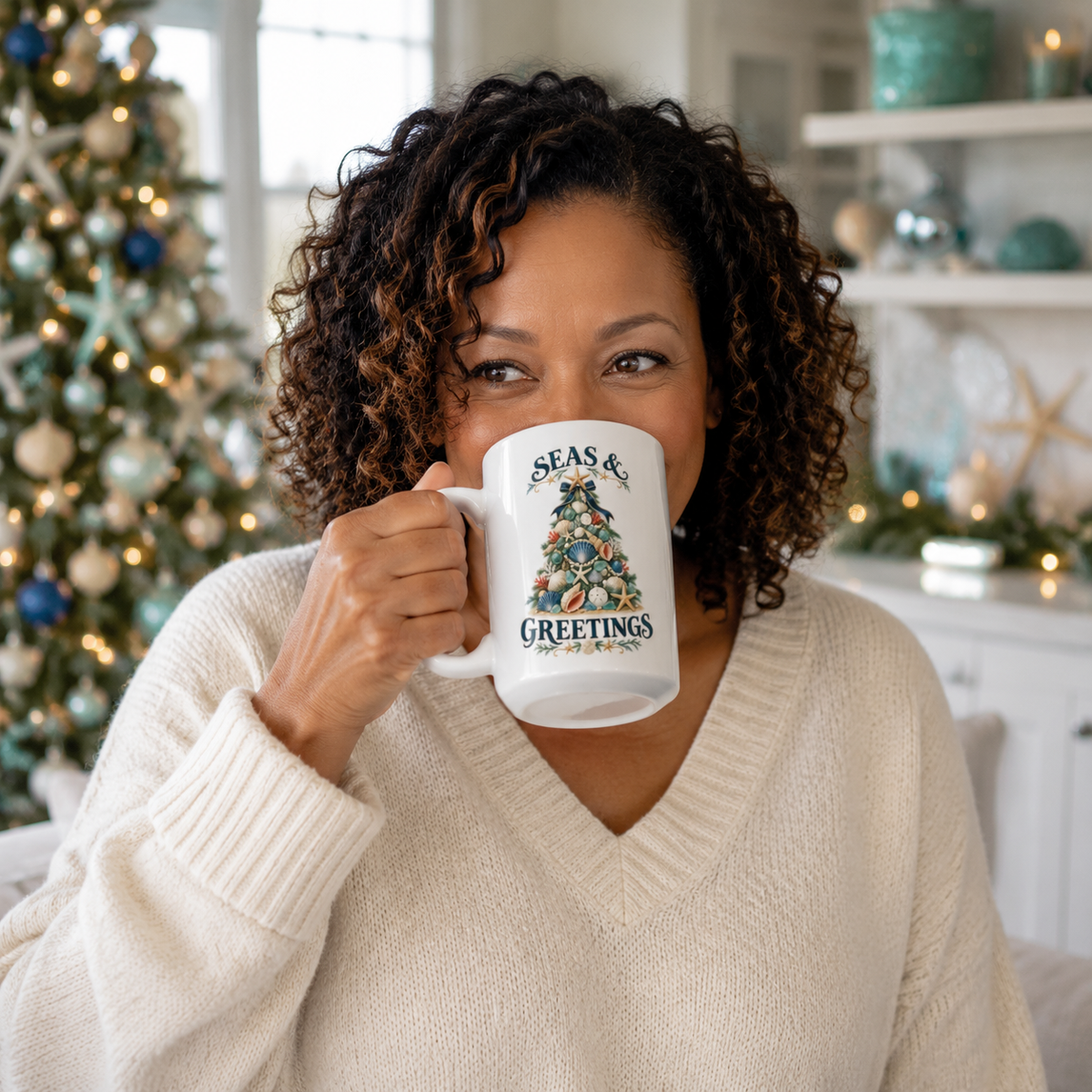 Seas & Greetings Seashell Christmas Tree Coffee Mug | Coastal Holiday Cup