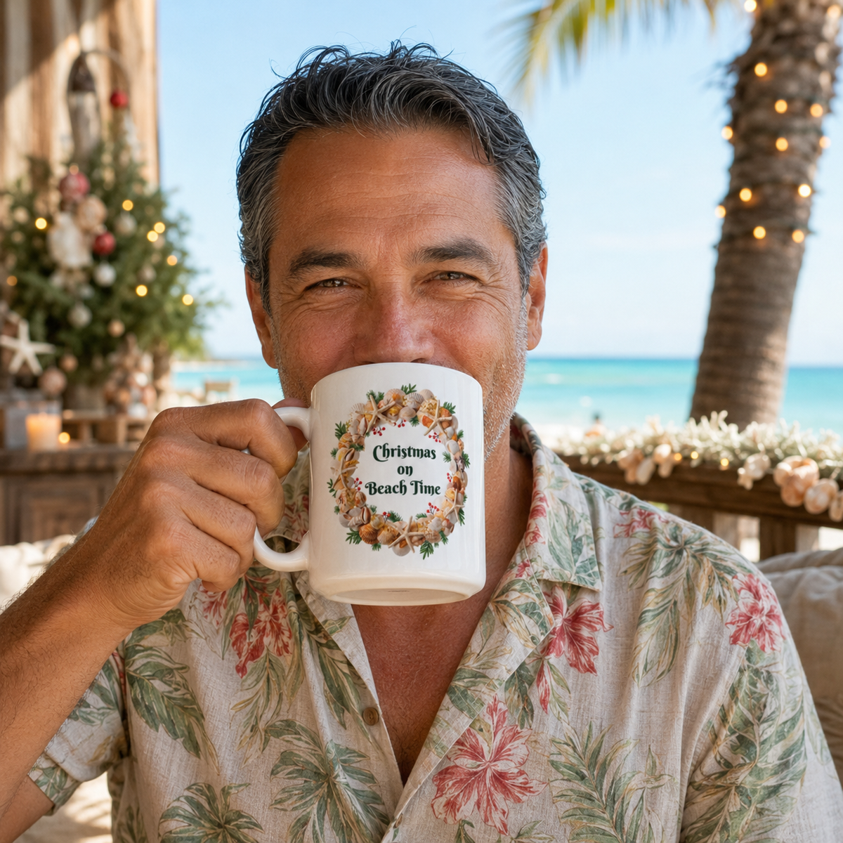 Christmas on Beach Time Seashell Wreath Mug | Coastal Holiday Coffee Cup