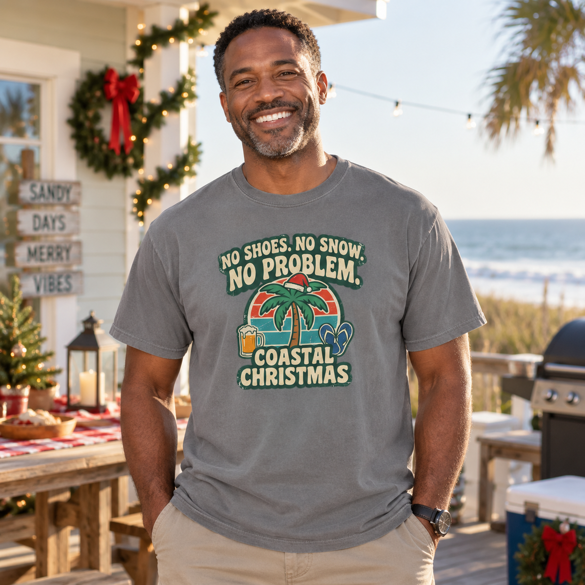 No Shoes No Snow No Problem Coastal Christmas T-Shirt | Funny Beach Holiday Tee