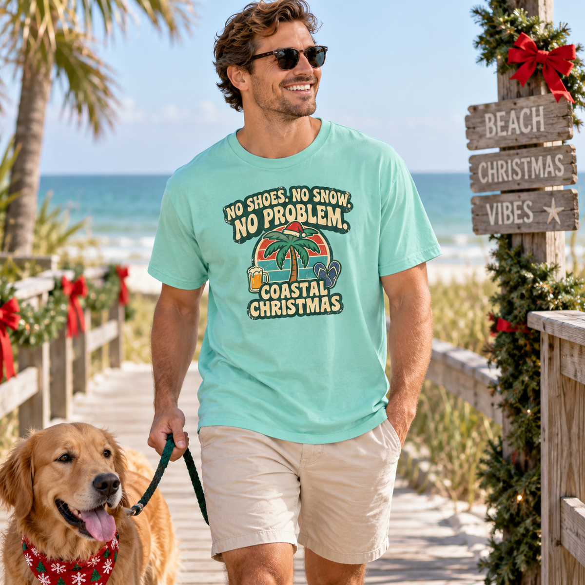 No Shoes No Snow No Problem Coastal Christmas T-Shirt | Funny Beach Holiday Tee
