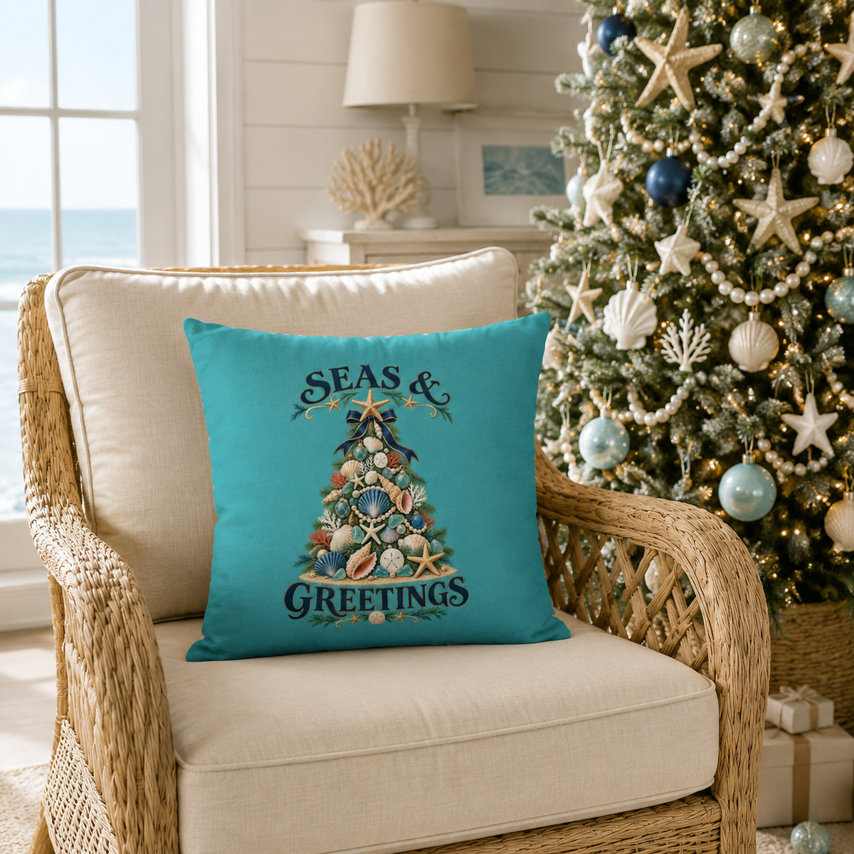 Seas and Greetings Seashell Christmas Tree Throw Pillow | Coastal Holiday Decor