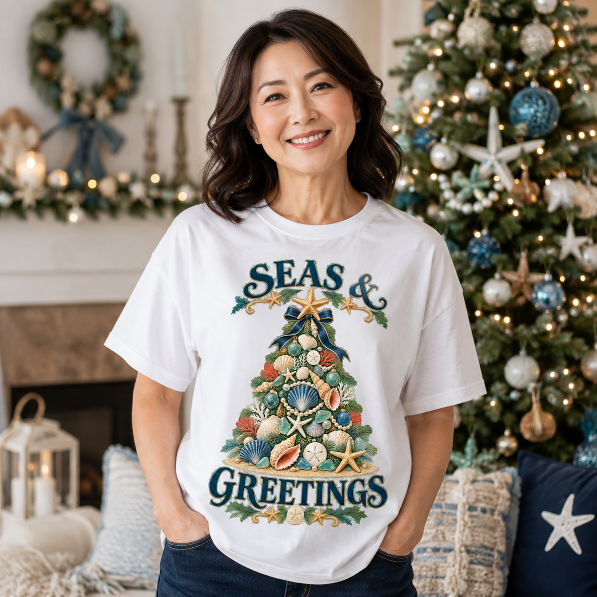 Seas & Greetings Seashell Christmas Tree T-Shirt | Coastal Holiday Beach Tee