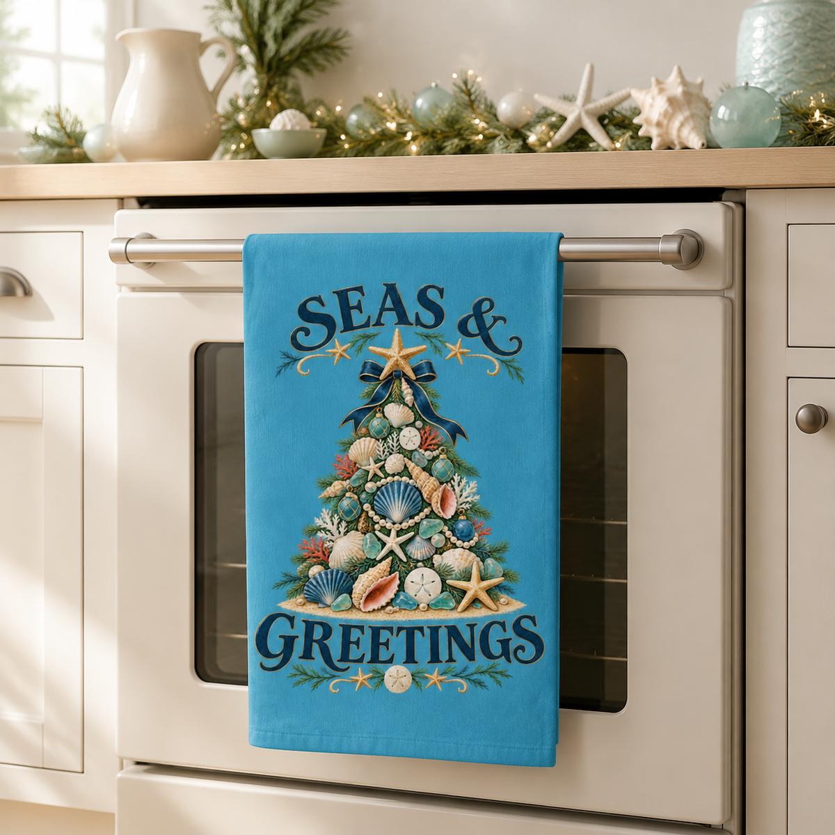 Seas and Greetings Seashell Christmas Tree Kitchen Towel | Coastal Holiday Decor