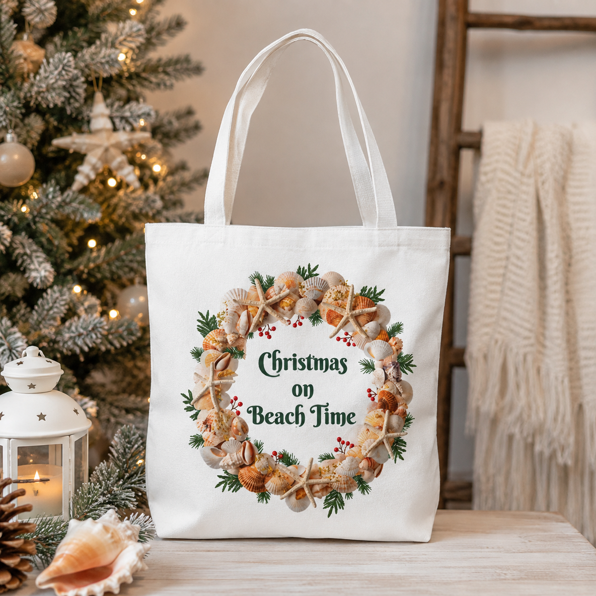 Christmas on Beach Time Seashell Wreath Tote Bag | Coastal Holiday Shopping Bag