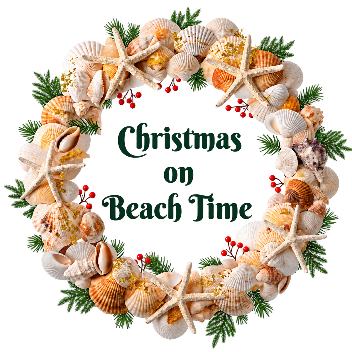Christmas on Beach Time Seashell Wreath Ceramic Ornament | Coastal Tree Decor