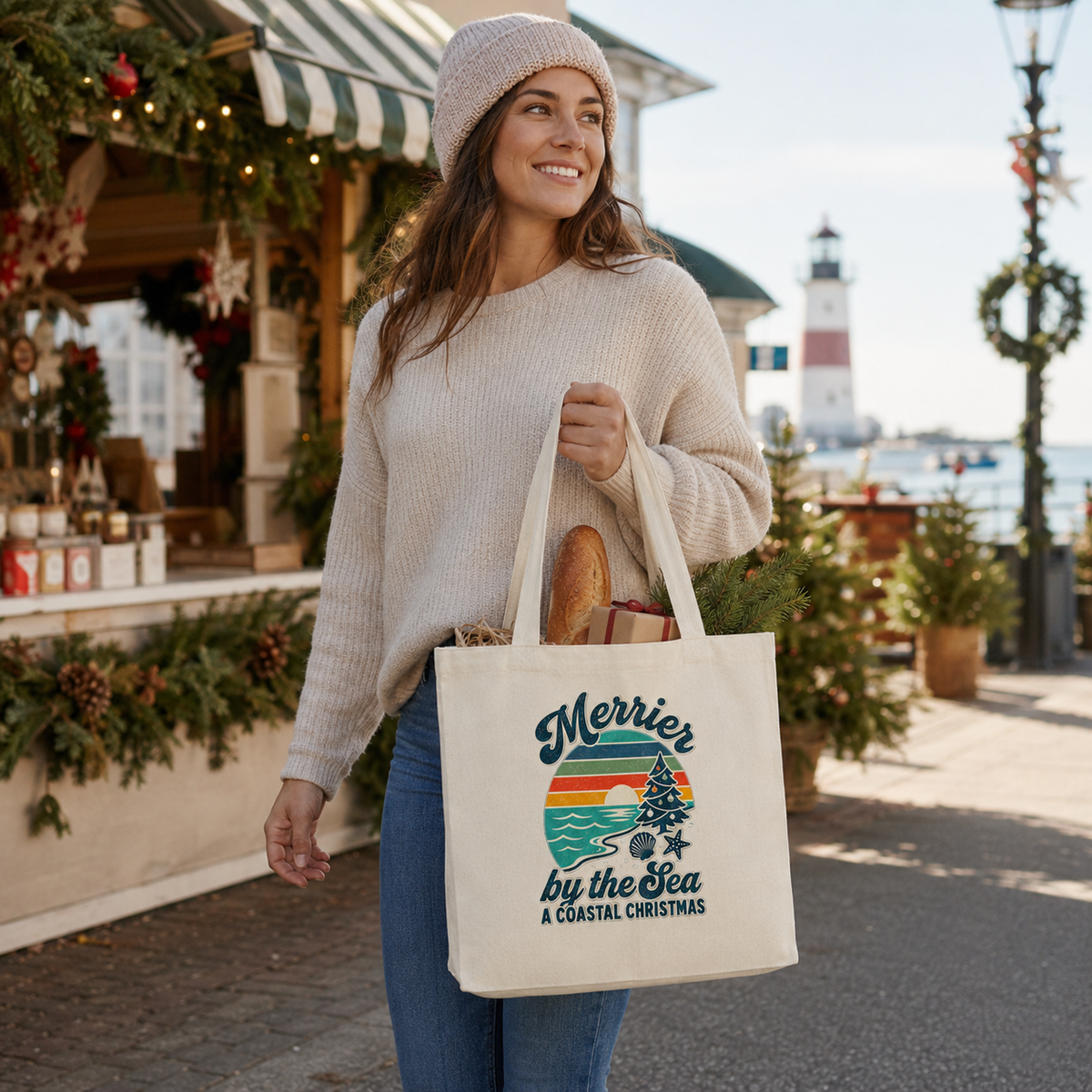 Tote Bag — "Merrier by the Sea: A Coastal Christmas" Canvas Tote 15 X 16