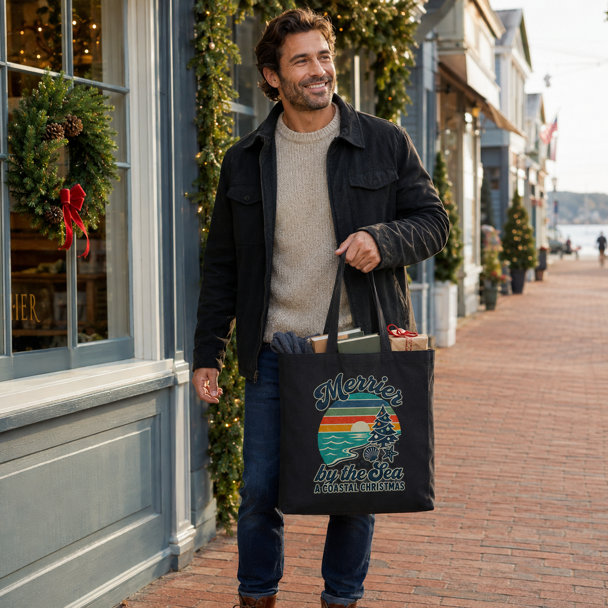 Tote Bag — "Merrier by the Sea: A Coastal Christmas" Canvas Tote 15 X 16