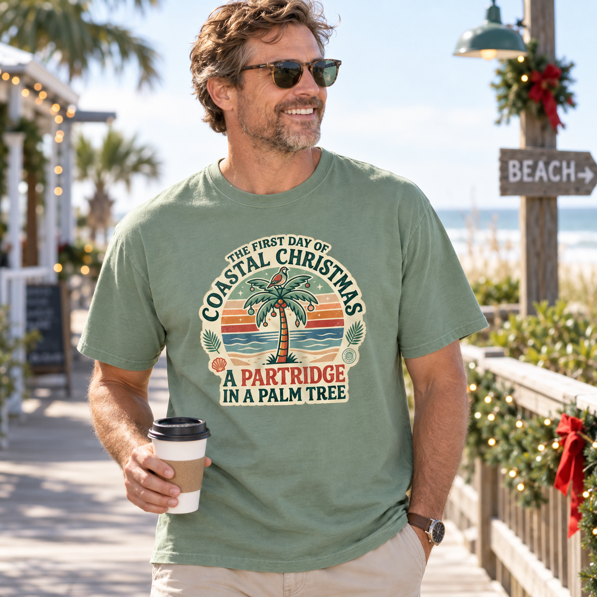 Partridge in a Palm Tree Coastal Christmas T-Shirt | Tropical Holiday Graphic Tee