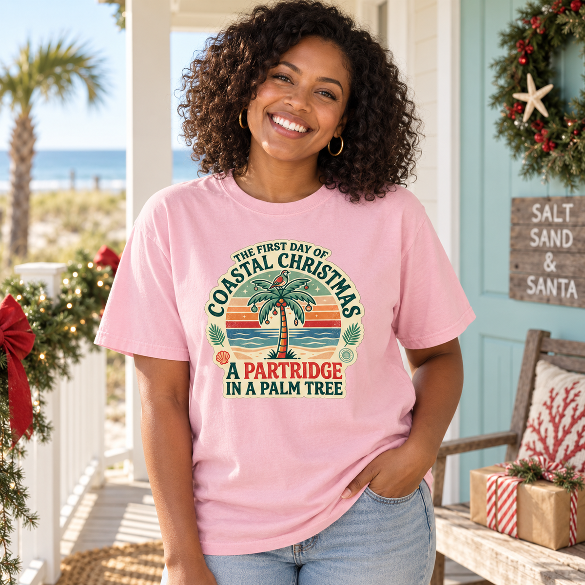 Partridge in a Palm Tree Coastal Christmas T-Shirt | Tropical Holiday Graphic Tee