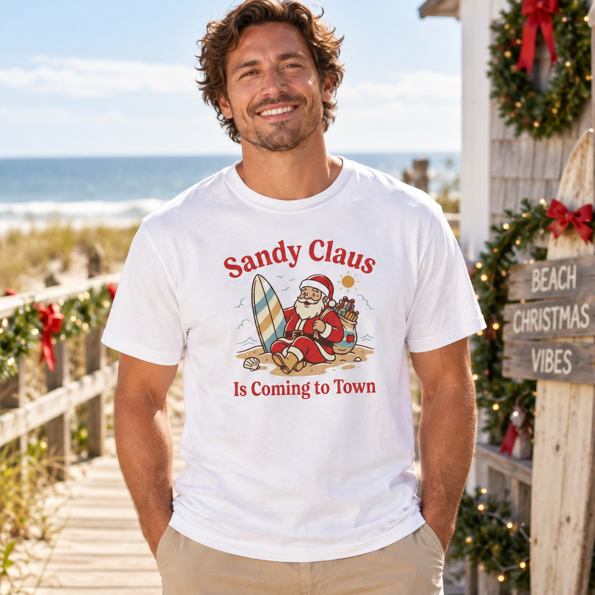 Sandy Claus Is Coming to Town T-Shirt | Funny Surfing Santa Coastal Christmas Tee