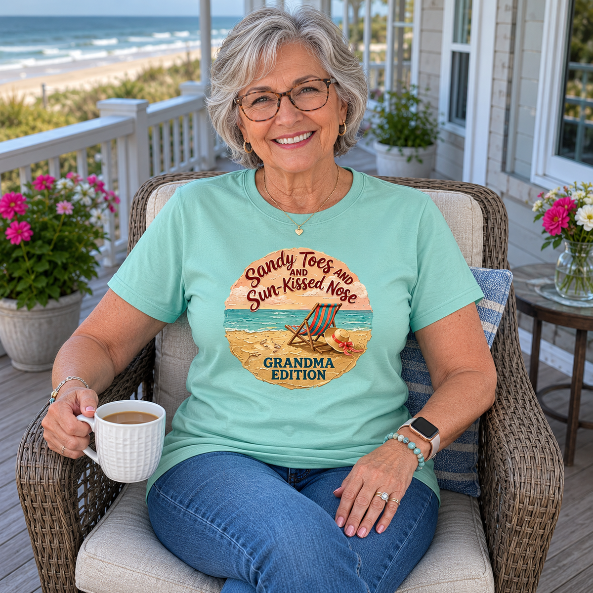Grandma Edition Beach T-Shirt — "Sandy Toes and Sun-Kissed Nose" Vintage Coastal Tee