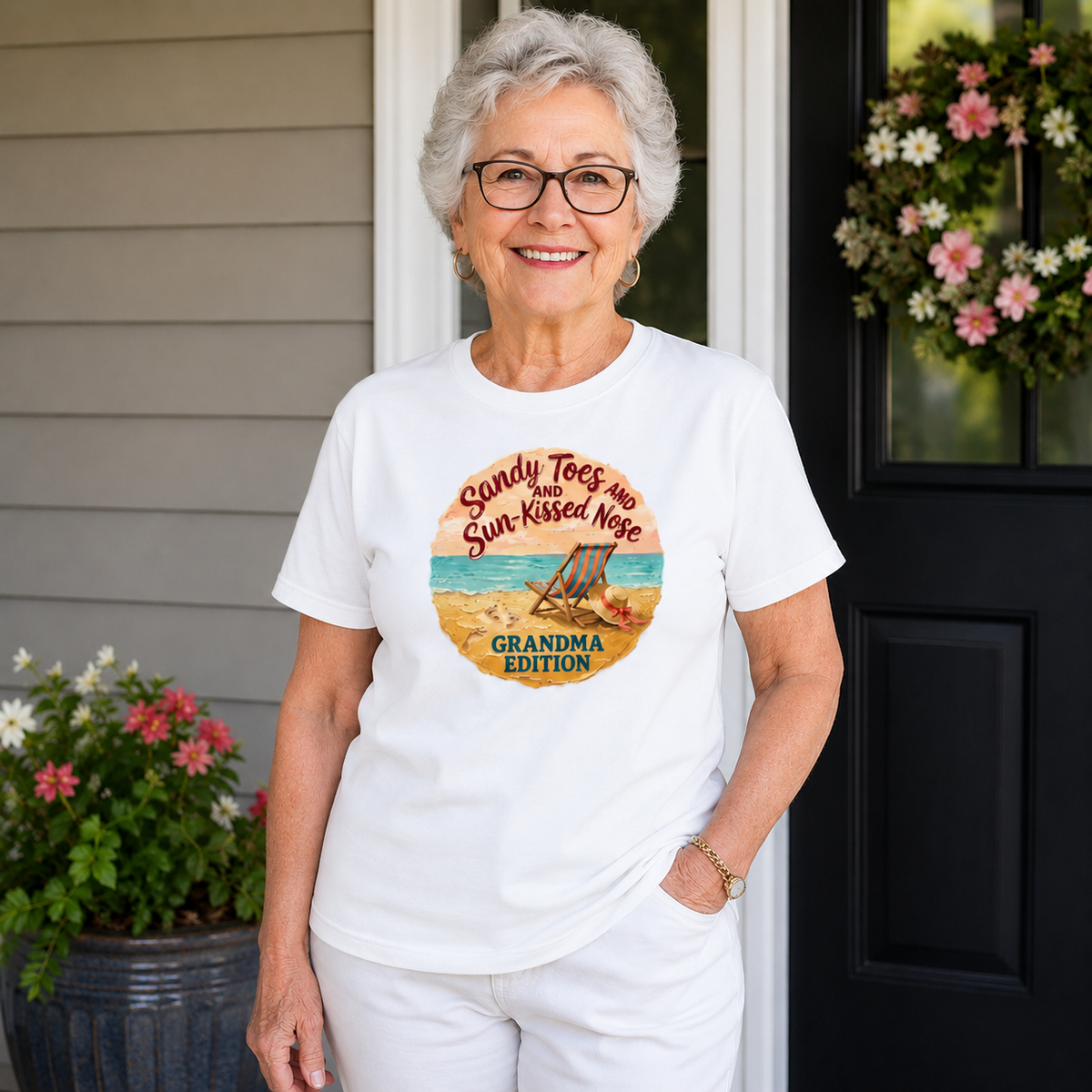 Grandma Edition Beach T-Shirt — "Sandy Toes and Sun-Kissed Nose" Vintage Coastal Tee