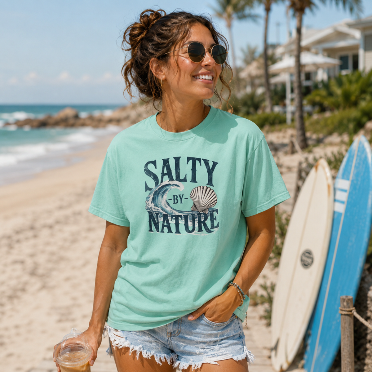 Salty By Nature T-Shirt | Vintage Ocean Wave & Seashell Beach Tee