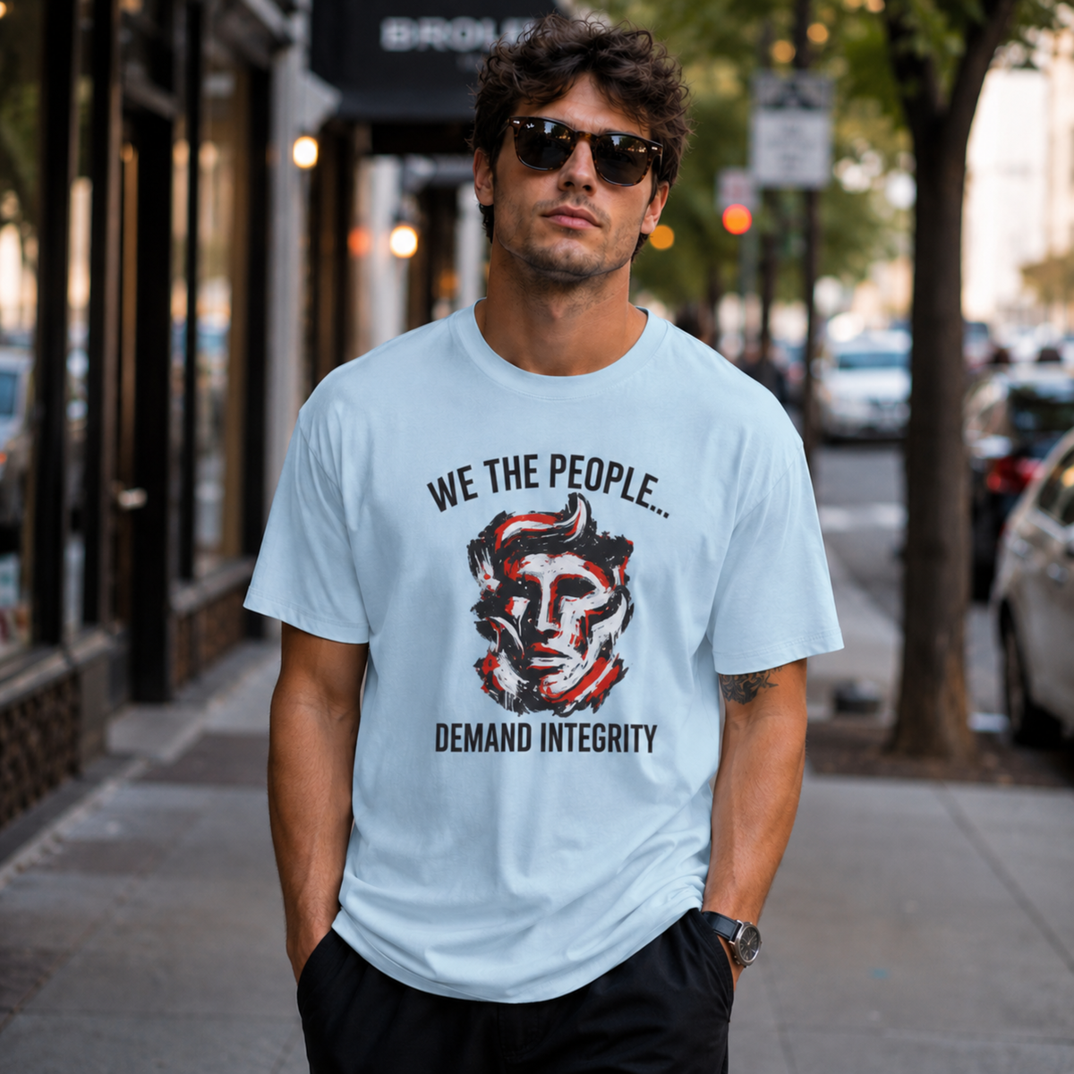 We The People Demand Integrity T-Shirt | Light Blue Patriotic Graphic Tee