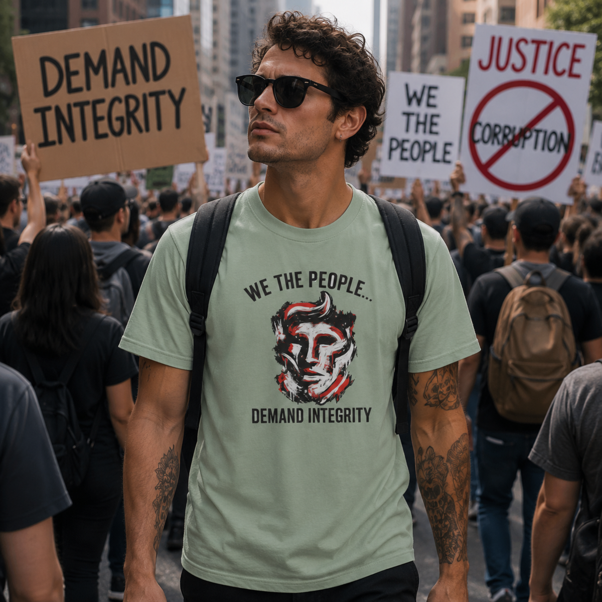 We The People Demand Integrity T-Shirt | Light Blue Patriotic Graphic Tee