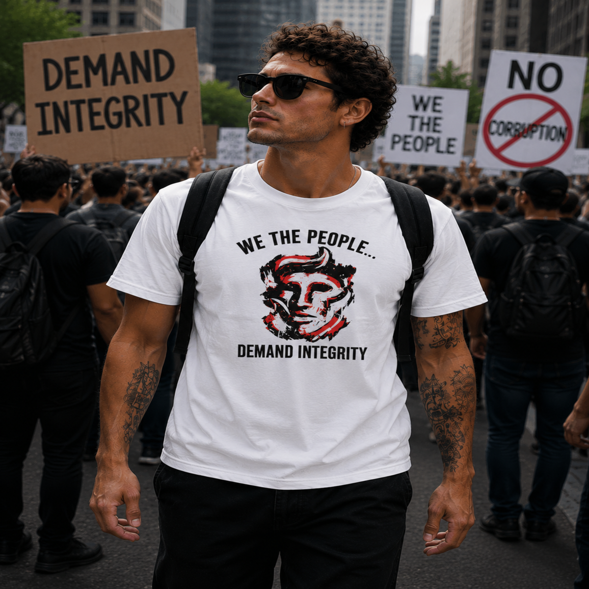 We The People Demand Integrity T-Shirt | Light Blue Patriotic Graphic Tee