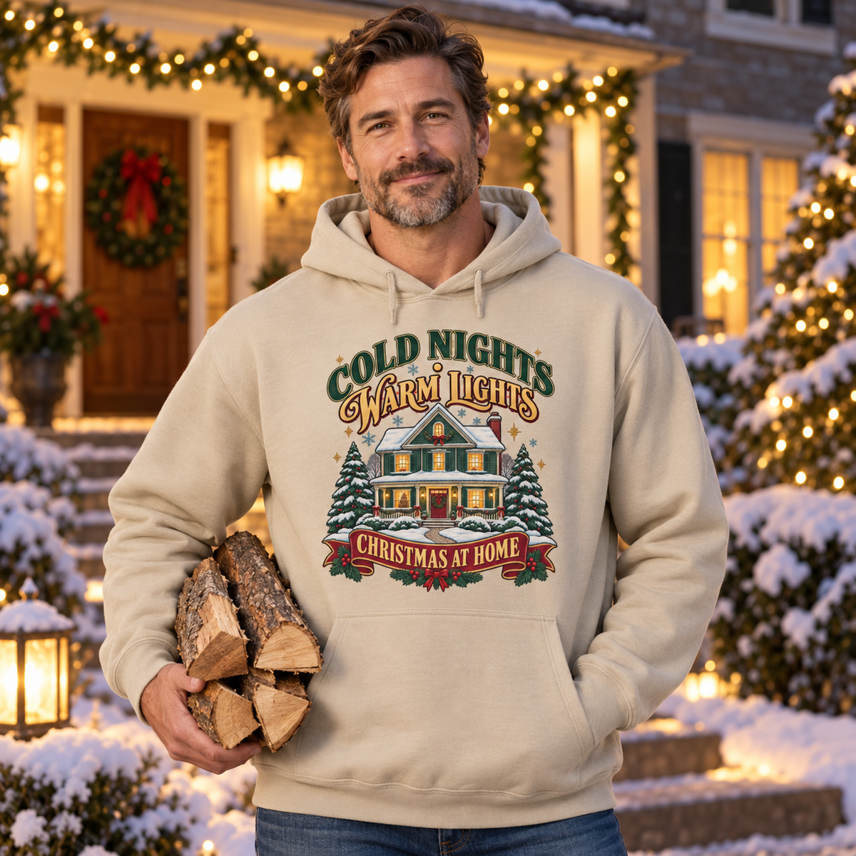 Cold Nights Warm Lights Christmas at Home Hoodie | Nostalgic Holiday Sweatshirt