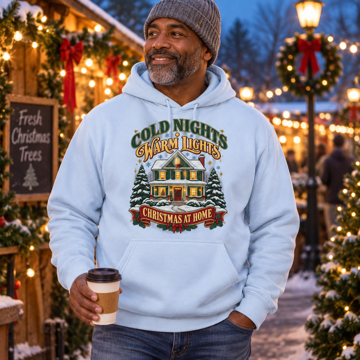 Cold Nights Warm Lights Christmas at Home Hoodie | Nostalgic Holiday Sweatshirt
