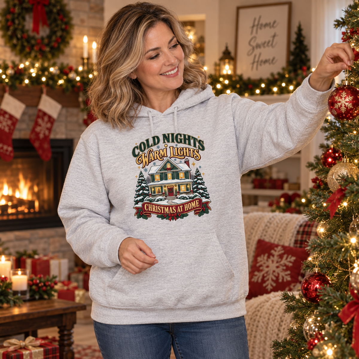 Cold Nights Warm Lights Christmas at Home Hoodie | Nostalgic Holiday Sweatshirt