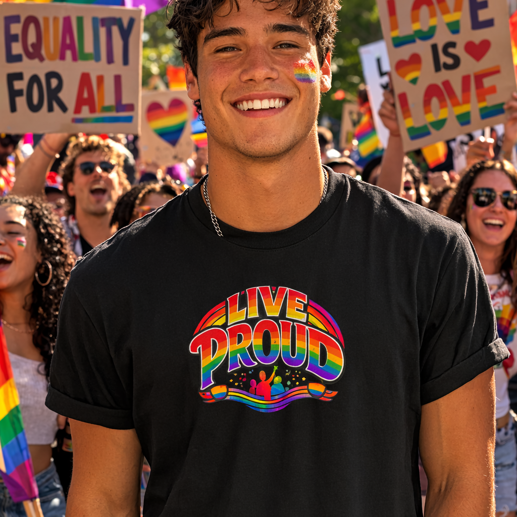 Live Proud Rainbow Graphic T-Shirt | Black Pride Parade Tee