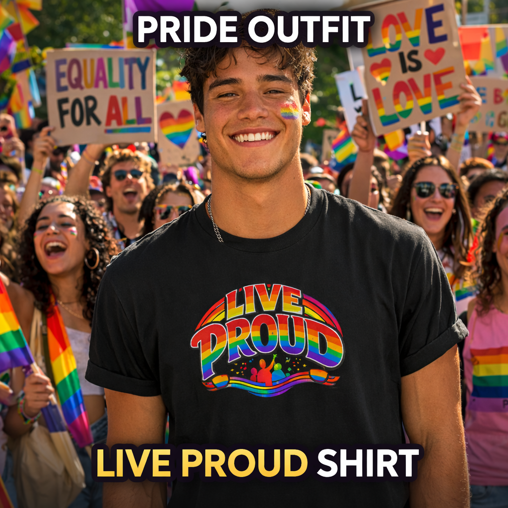 Live Proud Rainbow Graphic T-Shirt | Black Pride Parade Tee