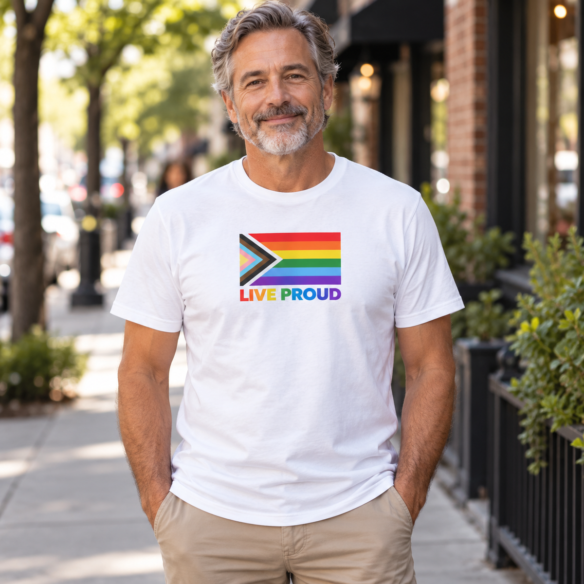 Live Proud Progress Pride Flag T-Shirt | LGBTQ+ Equality Graphic Tee