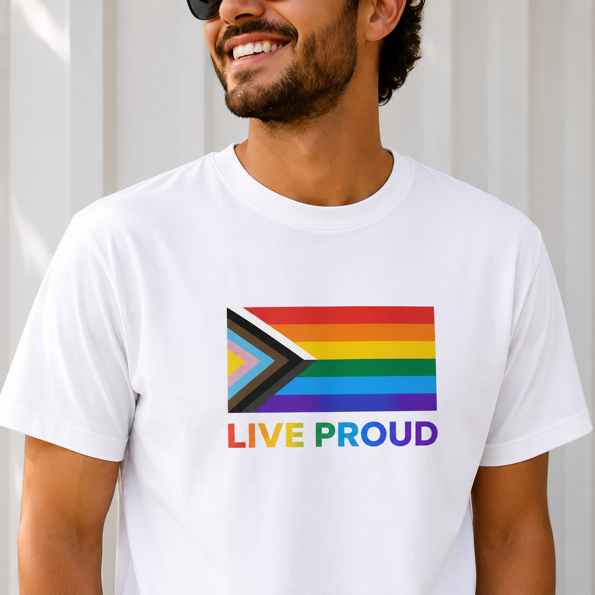 Live Proud Progress Pride Flag T-Shirt | LGBTQ+ Equality Graphic Tee