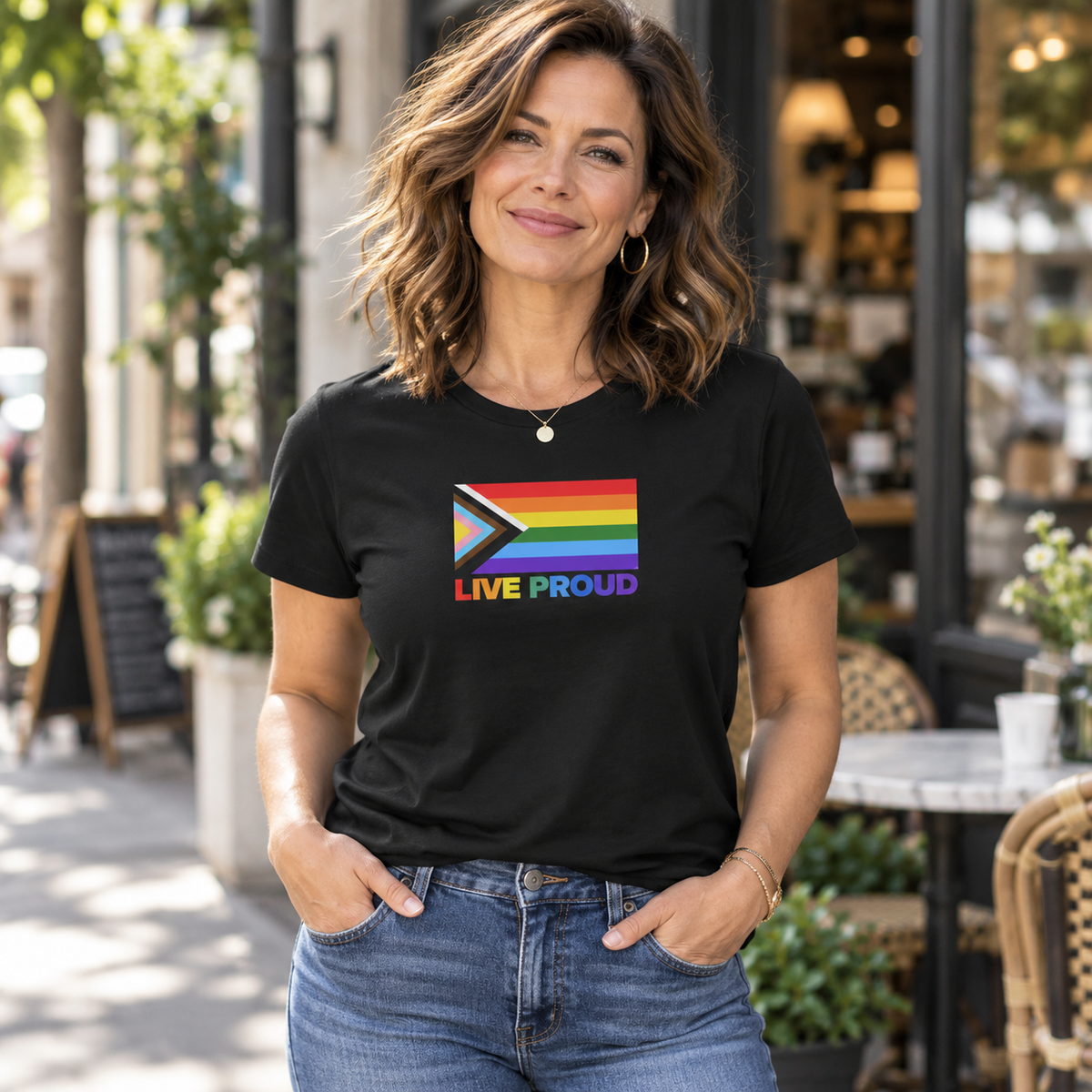 Live Proud Progress Pride Flag T-Shirt | LGBTQ+ Equality Graphic Tee