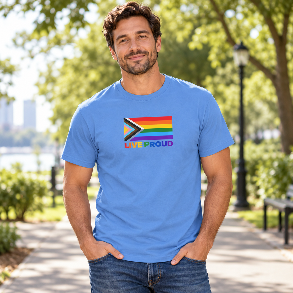 Live Proud Progress Pride Flag T-Shirt | LGBTQ+ Equality Graphic Tee