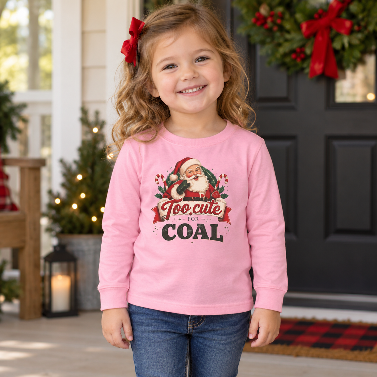Too Cute To Get Coal Toddler Long Sleeve Shirt | Funny Vintage Santa Christmas Toddler Tee (2T-5T)
