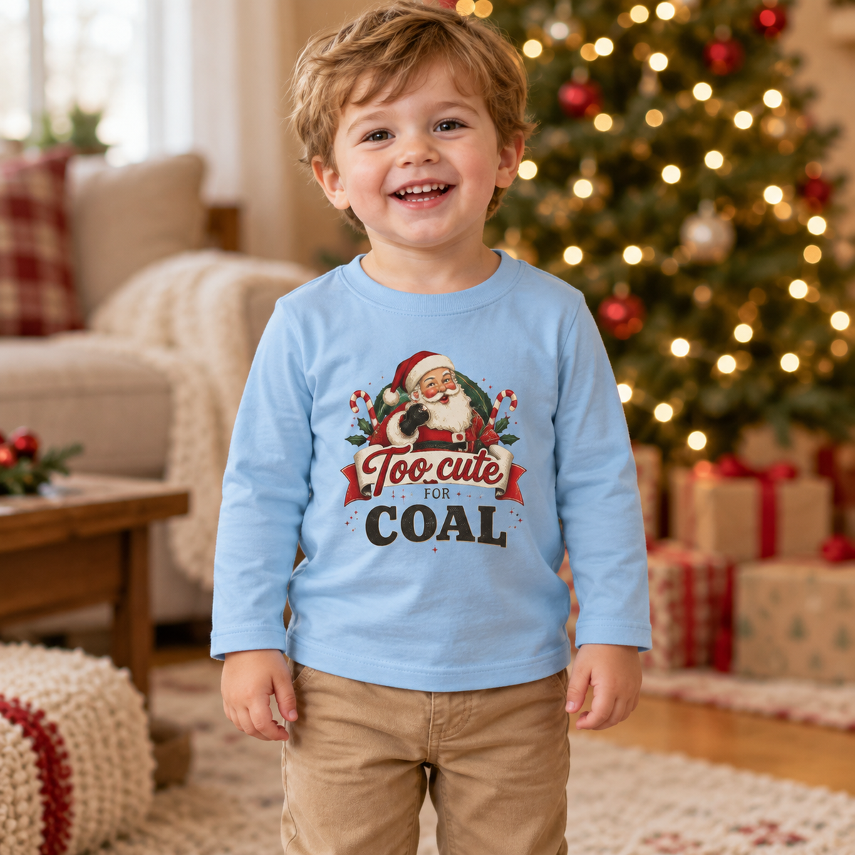 Too Cute To Get Coal Toddler Long Sleeve Shirt | Funny Vintage Santa Christmas Toddler Tee (2T-5T)