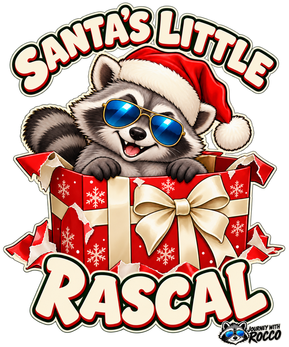 Rocco Toddler Long Sleeve Tee — "Santa's Little Rascal" Christmas Raccoon Holiday Red Gift Box Shirt