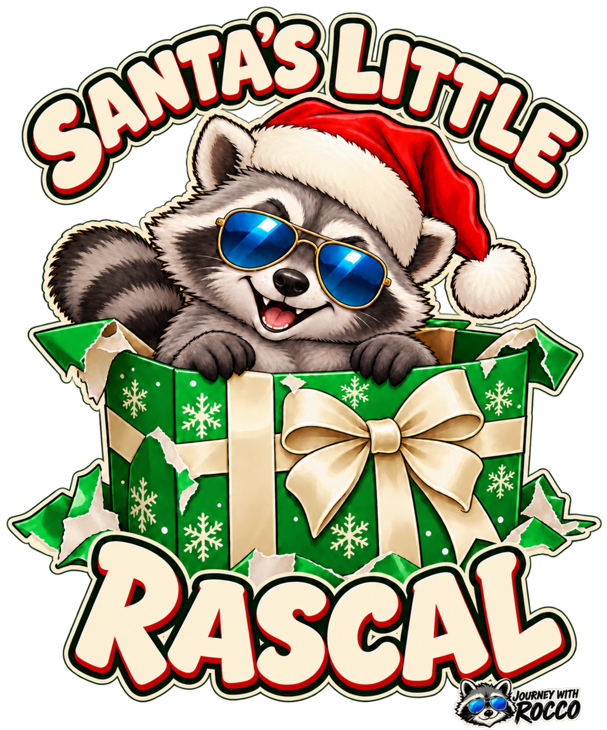 Rocco Cool Christmas Graphic Design - Santa’s Little Rascal Holiday Green Gift Box Artwork