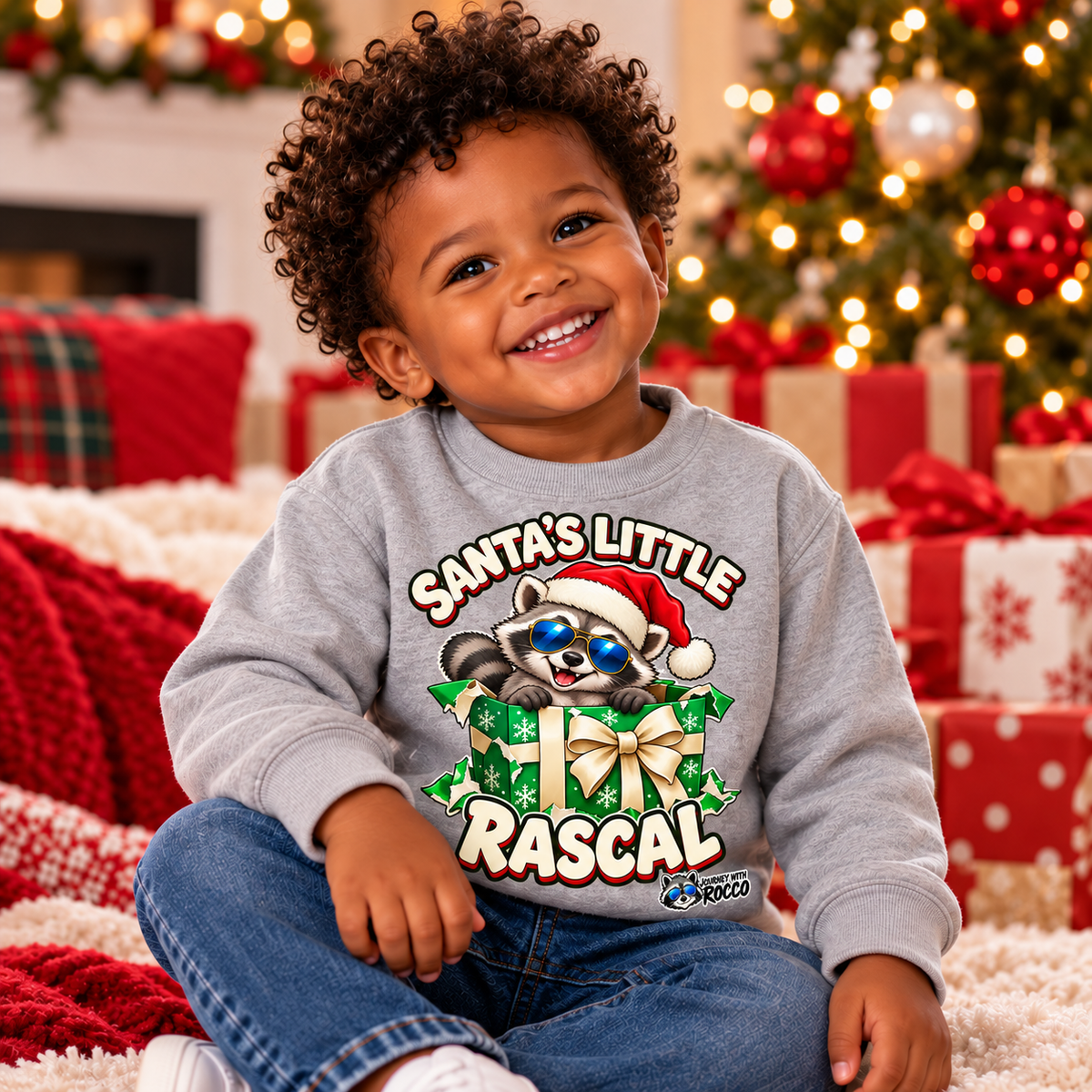 Rocco Cool Christmas Graphic Design - Santa’s Little Rascal Holiday Green Gift Box Artwork
