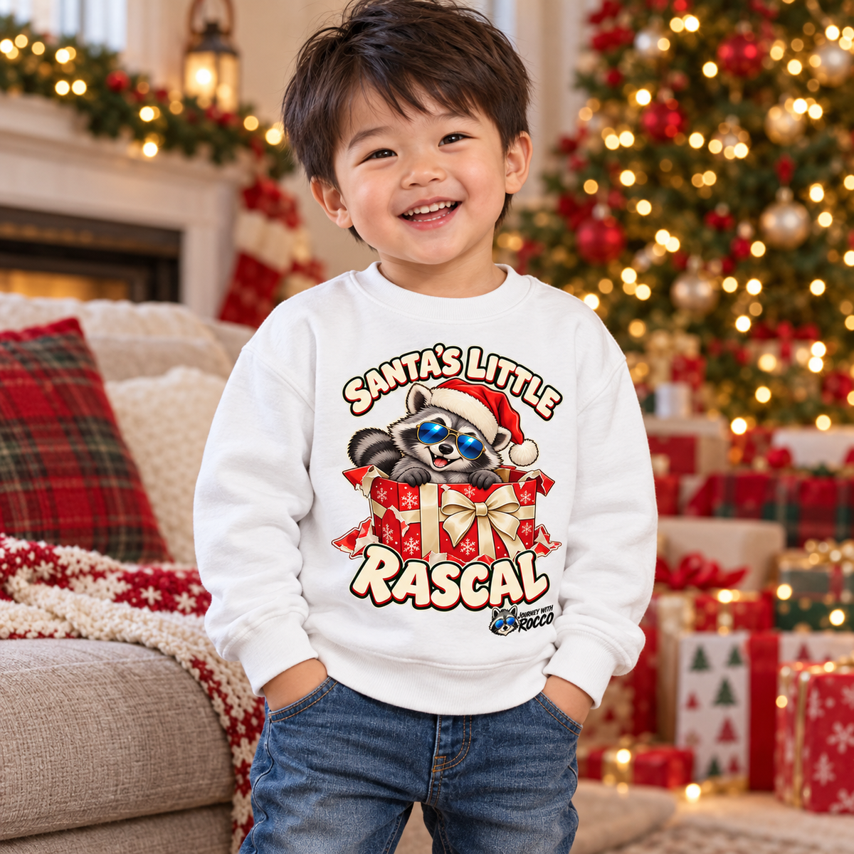 Rocco Toddler Long Sleeve Tee — "Santa's Little Rascal" Christmas Raccoon Holiday Red Gift Box Shirt