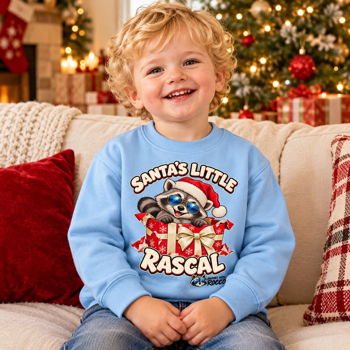 Rocco Toddler Long Sleeve Tee — "Santa's Little Rascal" Christmas Raccoon Holiday Red Gift Box Shirt